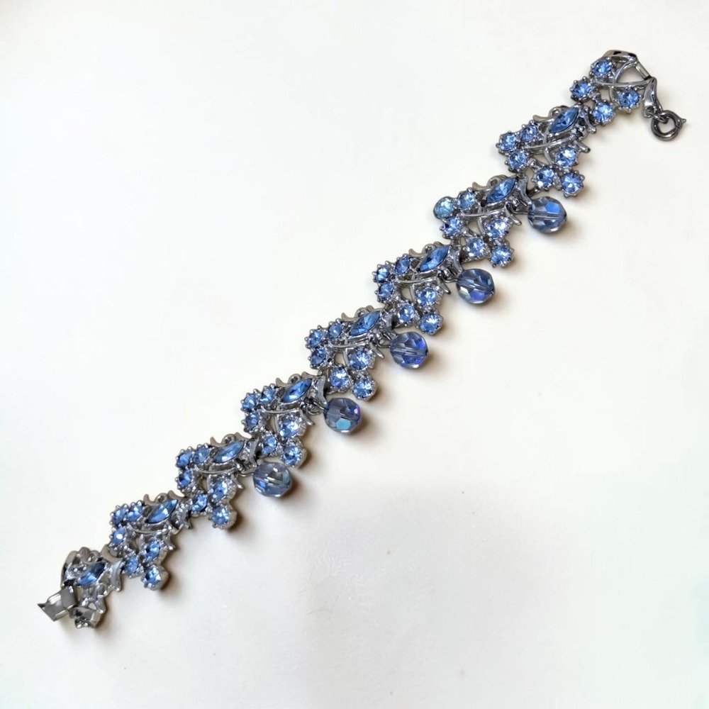 Vtg Coro Blue Aurora Borealis Rhinestone Bracelet Silver Tone Dangle Beaded 7.5"